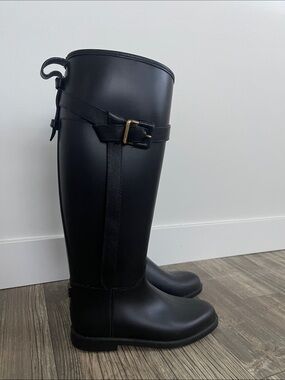 Burberry Tall Black Rain Boots with Leather Buckle Detail